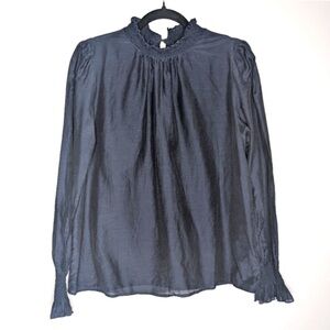 HELEN CHERRY Navy Blue Lightweight High Ruffle Neck Cotton Silk Blend Blouse